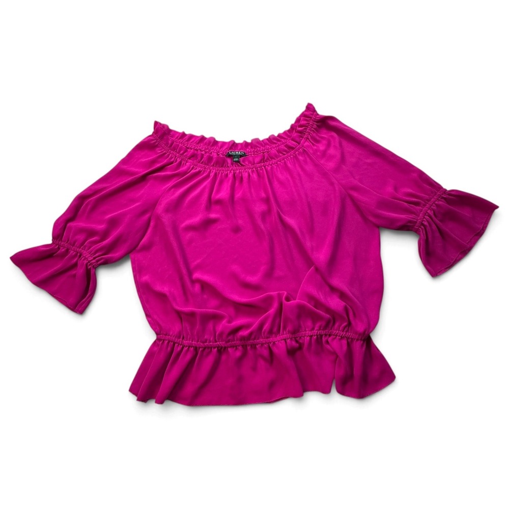 Lauren Ralph Lauren Peasant Blouse Ruffle Off Shoulder Boho Magenta Women L Pink